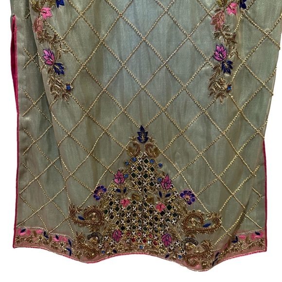 Pakistani Tissue Olive with multi colors dress size Medium - Picture 3 of 4